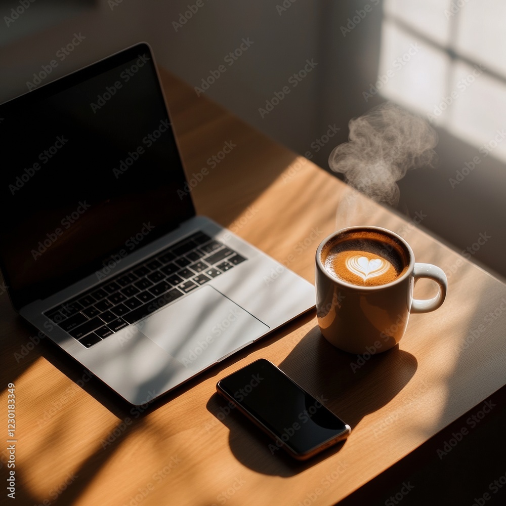 Poster minimalist workspace with latte art coffee and sleek technology on wooden desk - enhancing focus and