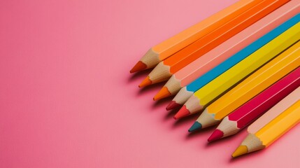 Rainbow Cosmetic Pencil Display Matte and Glossy Textures on Vibrant Pink - Dynamic Beauty Merchandising and Creative Advertising for the Modern Market