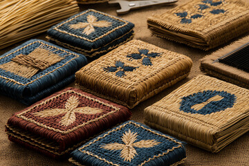  collection of finished straw and reed craft pieces