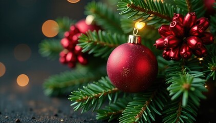 Rustic pine branch arrangement with clusters of bright red and gold ornaments, christmas trees, holiday, pine branches