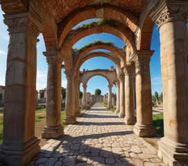 Fototapeta premium Panorama of the Aquileia Domus Tito Macro Area - Archway and Temple , macro, area, archway