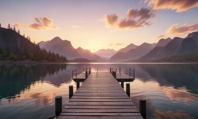 Fototapeta premium Panoramic view of a serene lake at sunset with a pier extending into the water and majestic mountains rising in the background, blue sky, sunset, lake