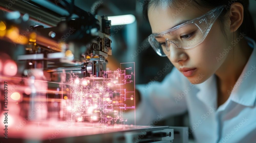 Poster Futuristic Tech Professions East Asian Female Engineer Calibrating Advanced Printer in High-Tech Lab with Neon Glowing Screens Enhancing Digital Innovation in Engineering Spaces