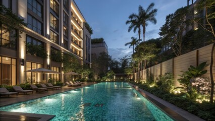 Fototapeta premium Luxurious hotel pool with glowing LED lights, , illuminated pool, nighttime poolside, sleek architecture, ambient lighting