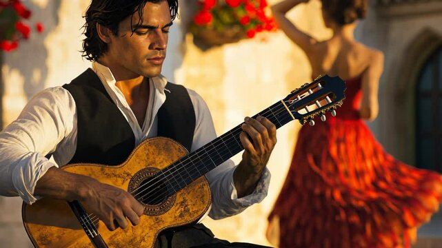 A passionate guitarist plays a traditional Spanish melody on a classical guitar as a flamenco dancer in a red dress moves gracefully in the background under warm golden sunlight