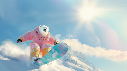 A playful polar bear in colorful winter gear snowboarding on a snowy slope, capturing the joy and excitement of winter sports. a fashionable bear in a pink fur coat.