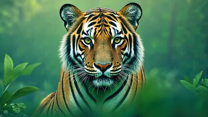 Majestic Tiger Staring Through Lush Greenery in Misty Forest Celebrating International Tiger Day Amidst Vibrant Nature and Wildlife Conservation Themes for Stock Image Photography Collection