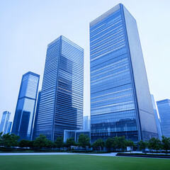 Obraz premium City skyscrapers, green park, dawn. Business use