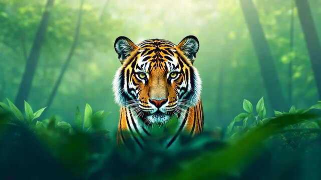Majestic Tiger Staring Through Lush Greenery in Misty Forest Celebrating International Tiger Day Amidst Vibrant Nature and Wildlife Conservation Themes for Stock Image Photography Collection