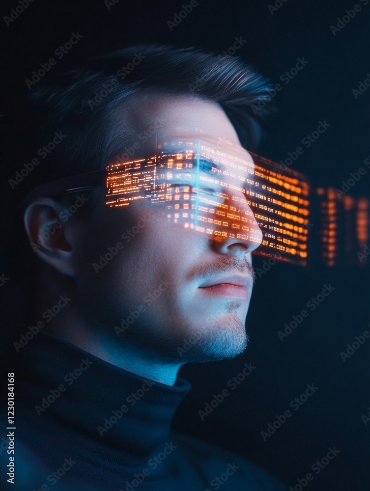 Leinwandbilder futuristic tech noir white man in his 30s engages with holographic interface via ar glasses - cuttin