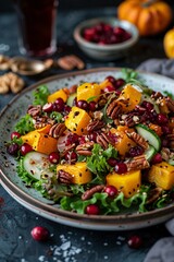 This salad features vibrant mixed greens topped with fresh pumpkin, cranberries, pecans, and cucumber. The rustic setting highlights the autumn flavors, creating an inviting atmosphere