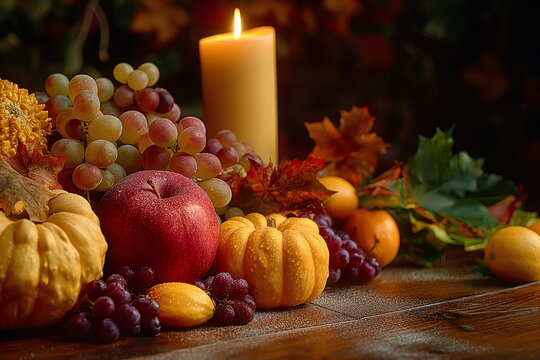 A vibrant display of seasonal fruits including apples, grapes, and pumpkins is set beside a lit candle. Rich autumn leaves add warmth to the arrangement, creating a cozy atmosphere