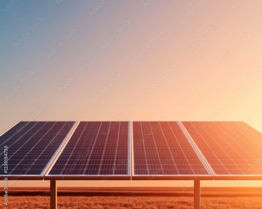 Poster sunlit minimalist solar panel array on open field - sustainable energy transition visuals for renewa