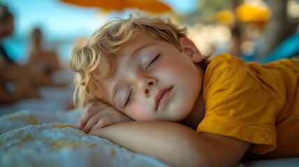 Fototapeta premium Peaceful Slumber by the Shore: A young boy, with a golden mane of hair, sleeps soundly on a beach towel, bathed in the soft light of a summer evening.