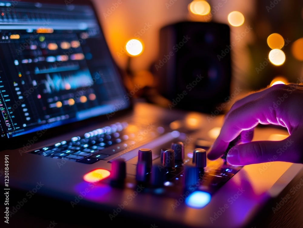 Aufkleber Warm Ambient Podcast Production Close-Up Hand Mixing Console and Laptop in Cozy Home Studio for Remote Content Creation and Digital Communications