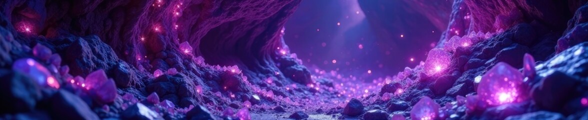 Shimmering purple crystals are scattered throughout a vast underground chamber filled with glittering gemstones, gems, caverns, mineral deposits