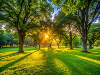 Fototapeta premium Golden Hour Park: Lush Green Lawns, Trees, Bokeh Effect - Stunning Nature Stock Photo