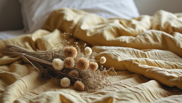 Mustard Yellow Bedding and Dried Flower Decor