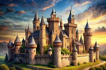 Fototapeta premium Medieval fantasy castle with turrets, towers, and battlements, turrets, battlements