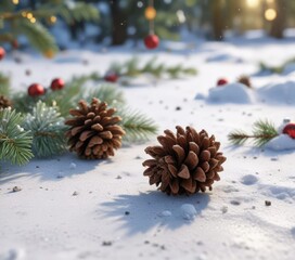 Pine cone on snowy ground with scattered ornaments, snow, twinkling lights, pine cone