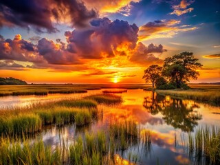 Obraz premium Golden Hour Sunset over Lowcountry Marsh Landscape Photography