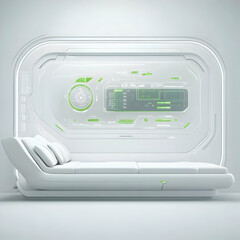 Fototapeta premium Futuristic bed, white room, sleep pod, tech display