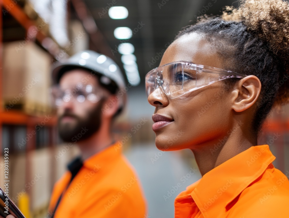 Poster dynamic warehouse operations black female manager in modern supply chain monitoring tech and safety 