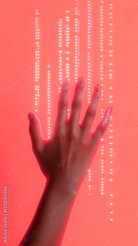 Aufkleber Neon Cyberpunk Interface Diverse Hand Interacting with Holographic Display - Futuristic Tech and Digital Marketing Innovation for Augmented Reality Experiences