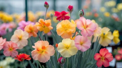 Fototapeta premium Colorful primrose flowers blooming in garden center.