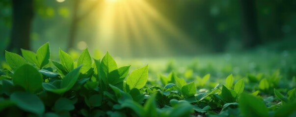 misty dawn on a bed of calm dark green leaves, misty morning natural colors calm plants landscape, nature