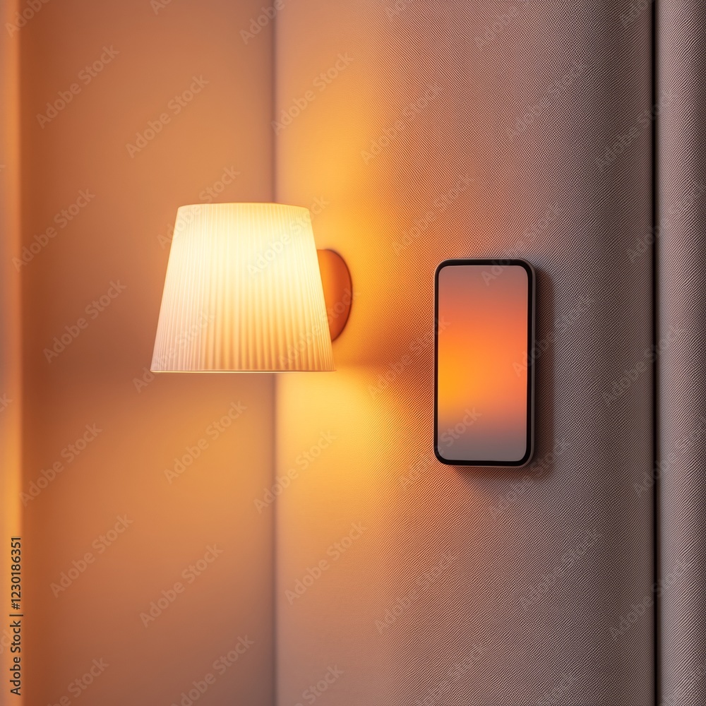 Poster Seamless Smart Home Integration Minimalist Smart Plug with Lamp and Smartphone Interface - Tech-Savvy Energy Solutions in Modern Home Decor for Efficient Living