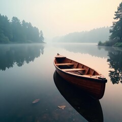 Obraz premium Misty waters of foggy lake reflected in rowboat's wooden hull, peaceful, lake, rowboat