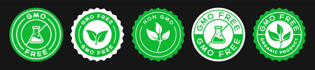 Non Gmo Free Badges Signs Set. Collection Of Eco Bio Labels. Natural Product Patch Logo. Organic Food Sticker Emblem. Chemistry Flask Icon.