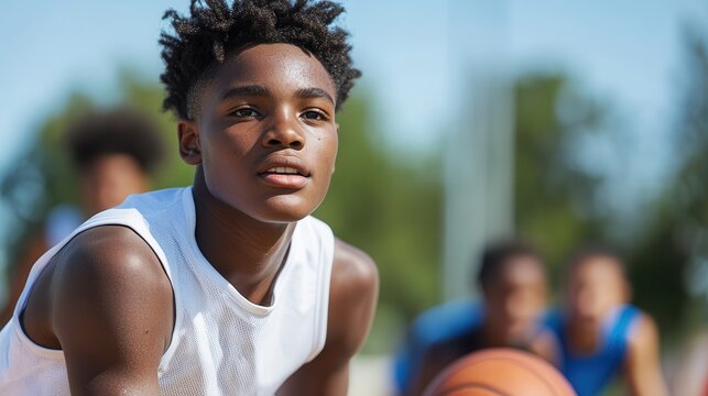 Focused african teen boy playing basketball outdoors.
