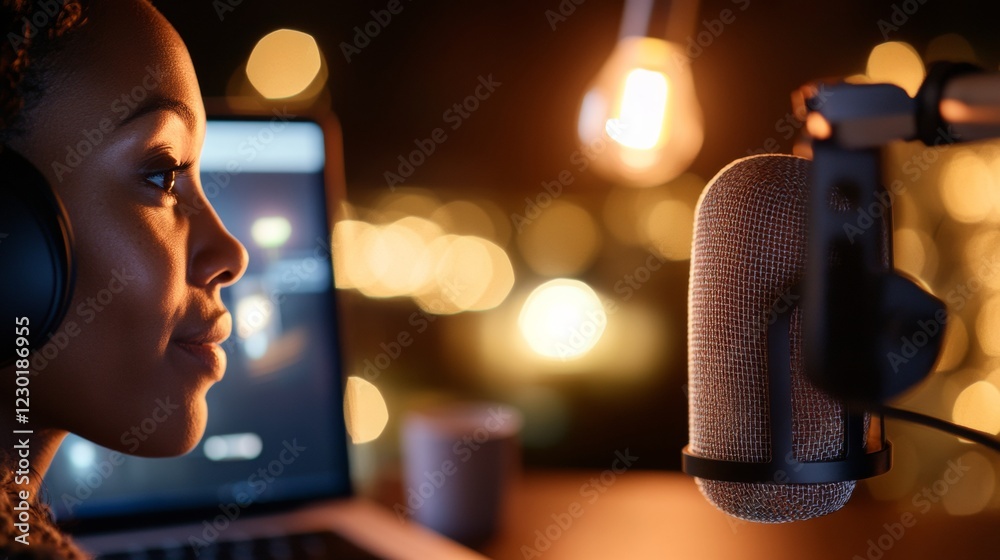Aufkleber modern remote podcasting setup professional microphone and warm lighting in co-working space for dig