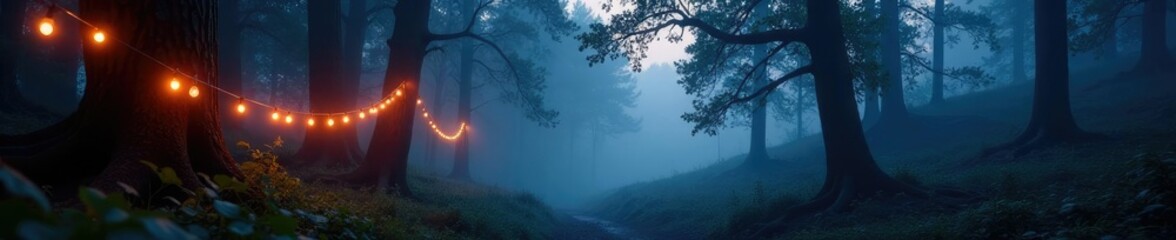 Obraz premium String lights illuminate misty forest atmosphere at dusk, evening, atmospheric