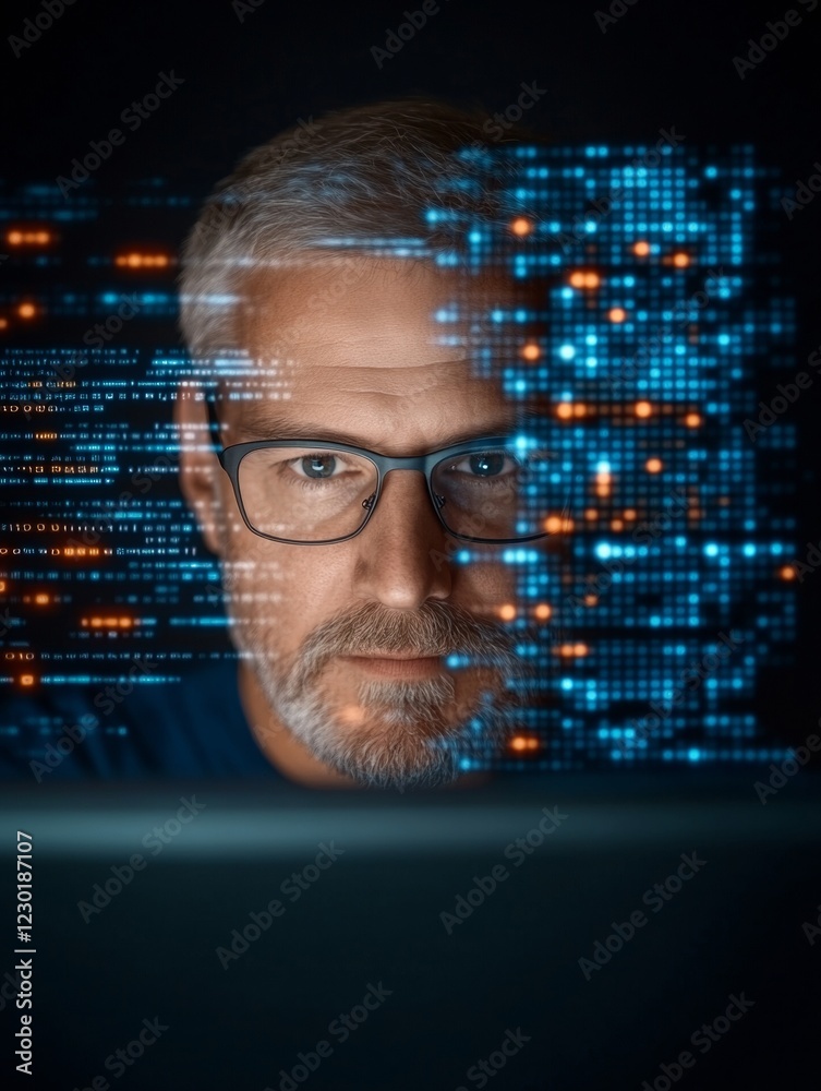 Poster Digital Transformation Portrait Mature Male Professional Engaging with AI Data Interface on Screen - Tech Savvy Content for Business Innovation and Cybersecurity Insights