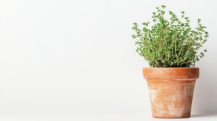 Fresh Green Herb in Terracotta Pot on White Background