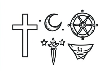 Line art vector illustration of religious symbols for a coloring book, with a simple and clean layout. The six traditional borders, such as a star, cross, moon, 