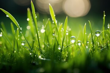 Close up of dew drops clinging to blades of vibrant green grass, illuminated by the soft glow of morning sunlight