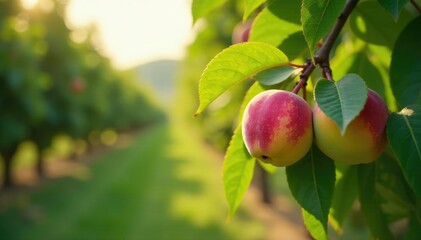 Sustainable farming practices in a peach orchard, ecofriendly, growth