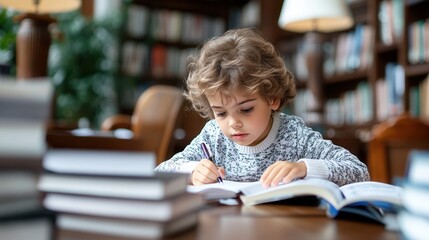 Young caucasian child studying in library surrounded by books.
