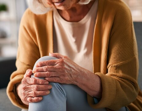 personne &acirc;g&eacute;e &agrave; la retraite avec une douleur au genou sur son canap&eacute; en ia