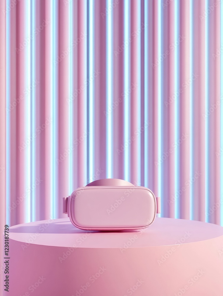 Poster futuristic minimalist vr setup on pink lacquered table ambient led lighting for immersive tech in mo