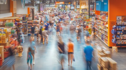 Obraz premium Blurred Motion in a Supermarket: A bustling grocery store with customers moving in a blur, shelves stocked with various products, vibrant colors, and a dynamic atmosphere.