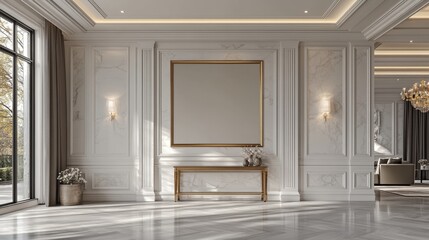 Elegant luxury interior with marble walls and large empty frame