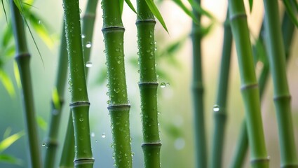 Obraz premium Close Up of Green Bamboo Stalks with Water Droplets