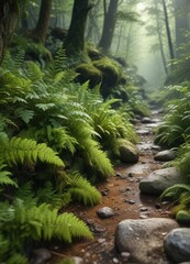 Moss-covered stones and ferns in the undergrowth, woodland, moss-covered stones, ferns