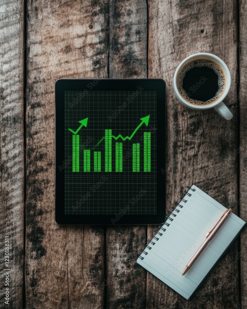 Aufkleber rustic financial flat-lay tablet with bullish analytics and coffee on wood - modern stock market ins