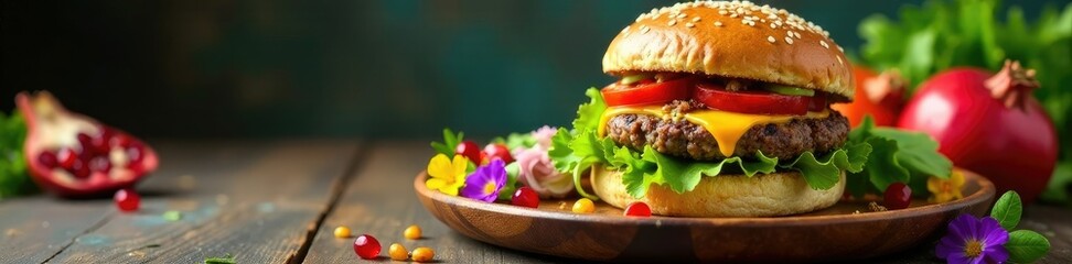 A colorful mix of fresh greens, edible flowers, and pomegranate seeds complementing a juicy plant-based burger on a wooden plate, burger, flowers, toppings